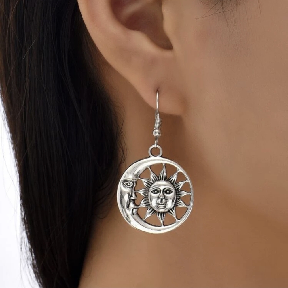 Sun & Moon Silver Dangle Drop Sunny Earrings - Picture 2 of 4